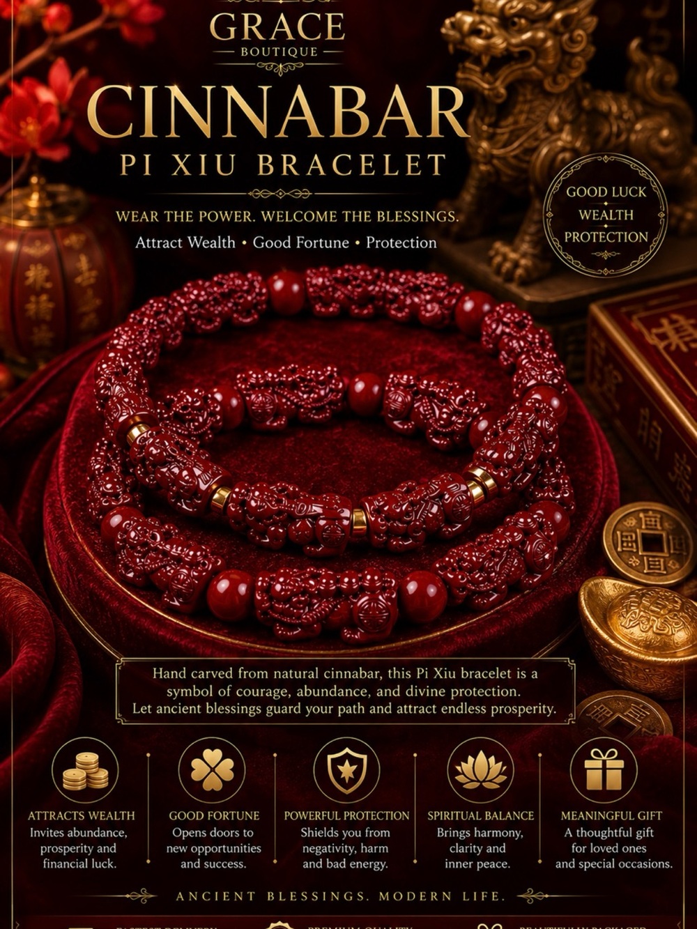 Cinnabar Pi Xiu Bracelet - Deep Red Carved Beads
